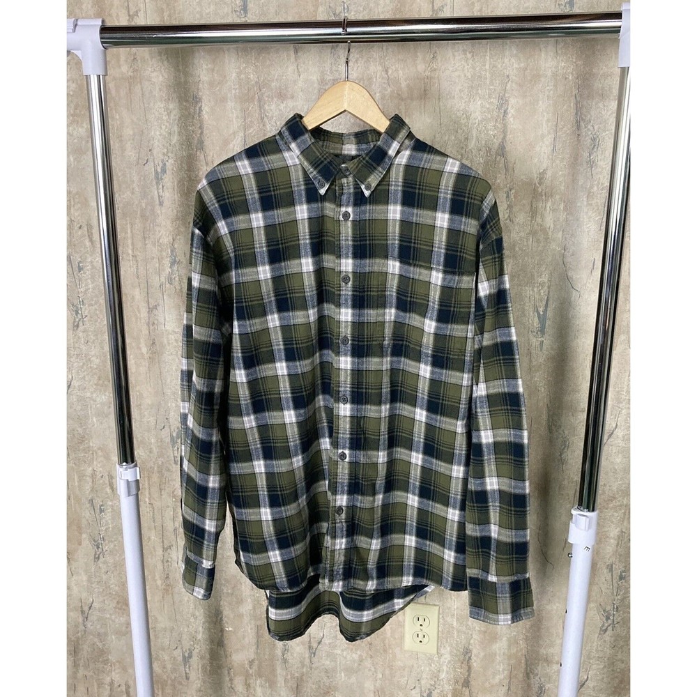 Cabela's Flannel Shirt Men Sz XL Green White Plaid Long Sleeve Button Up